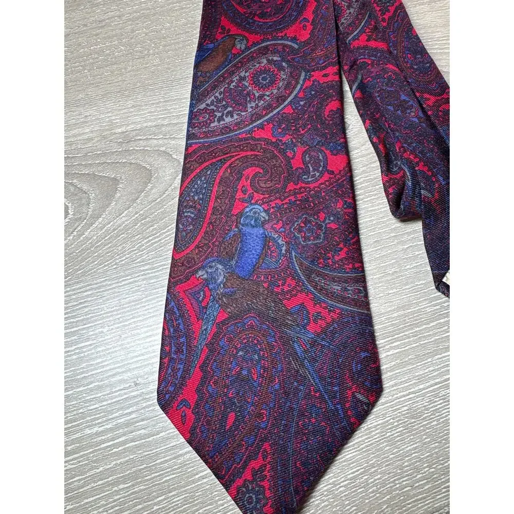 Vintage Givenchy Monsieur Men's All Silk‎ Tie- Italy- Subdued Parrots- Blue Red